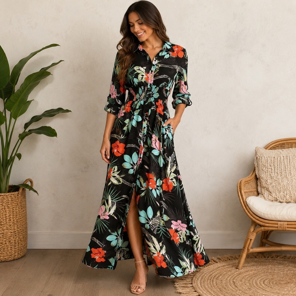 Gracia Tropical Floral Maxi Shirt Dress Womens S Black Pink Blue Smocked Waist